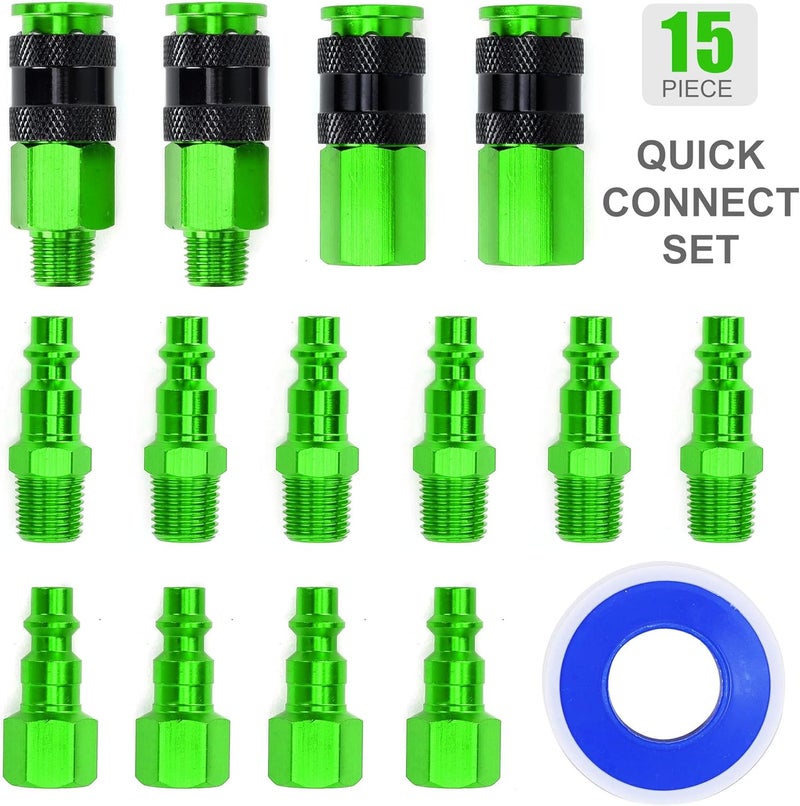 FYPower 15 Pieces 1/4" NPT Aluminum Air Coupler and Plug Kit, Quick Connect Air Fittings, Industrial Quick Connector Set (Green) - Image 2